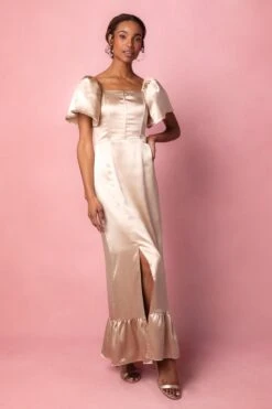 Maddie Dress In Champagne Satin -Ivy City Co Dress MaddieChampagne1 507728