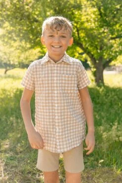 Madeline Boys Shirt In Tan Gingham - FINAL SALE 16 Madeline Boys Shirt In Tan Gingham - FINAL SALE -Ivy City Co Dress madeline tan gingham boyshirts 10 225909